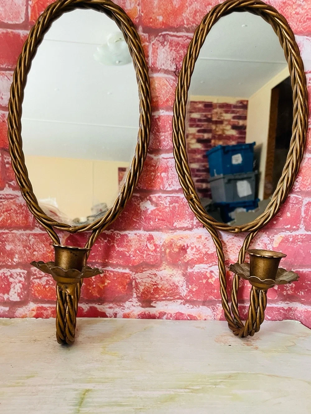 Vintage Hollywood Regency Style Brass Tone Mirrored Wall Sconces